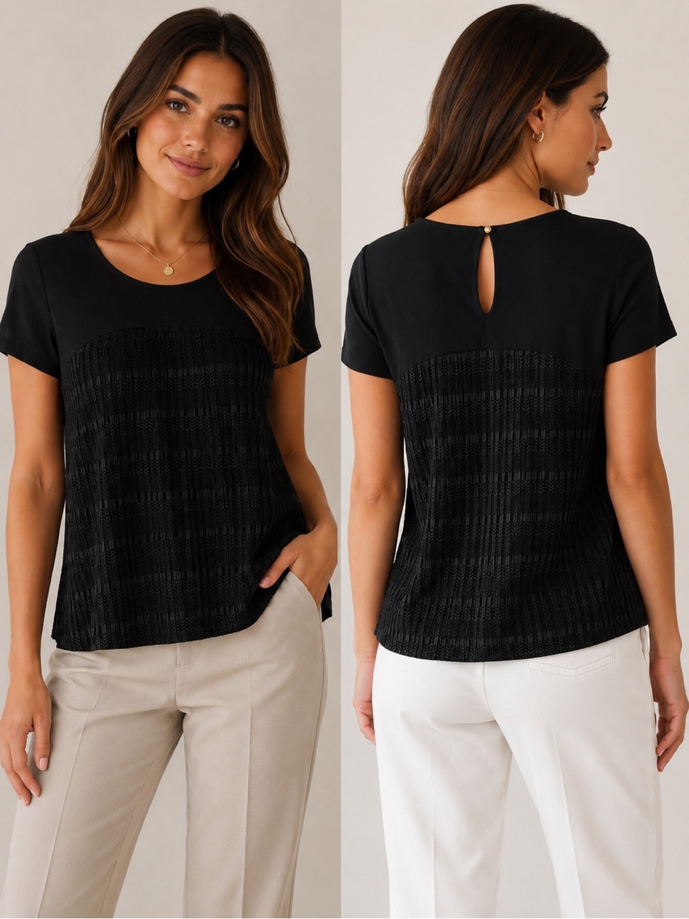 BCBGMAXAZRIA Black Mixed Media Textured Knit Short Sleeve Top Blouse